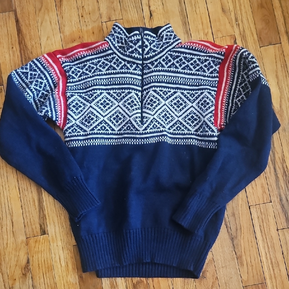L.L. Bean Blue and Red Zip Up Sweater with Nordic Design